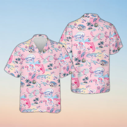 Tropical florida hawaiian shirt in pink, front view