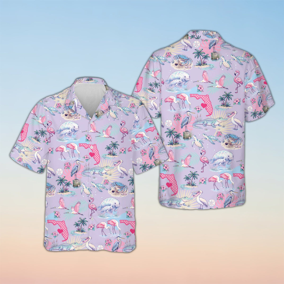 Tropical florida hawaiian shirt in purple, front view