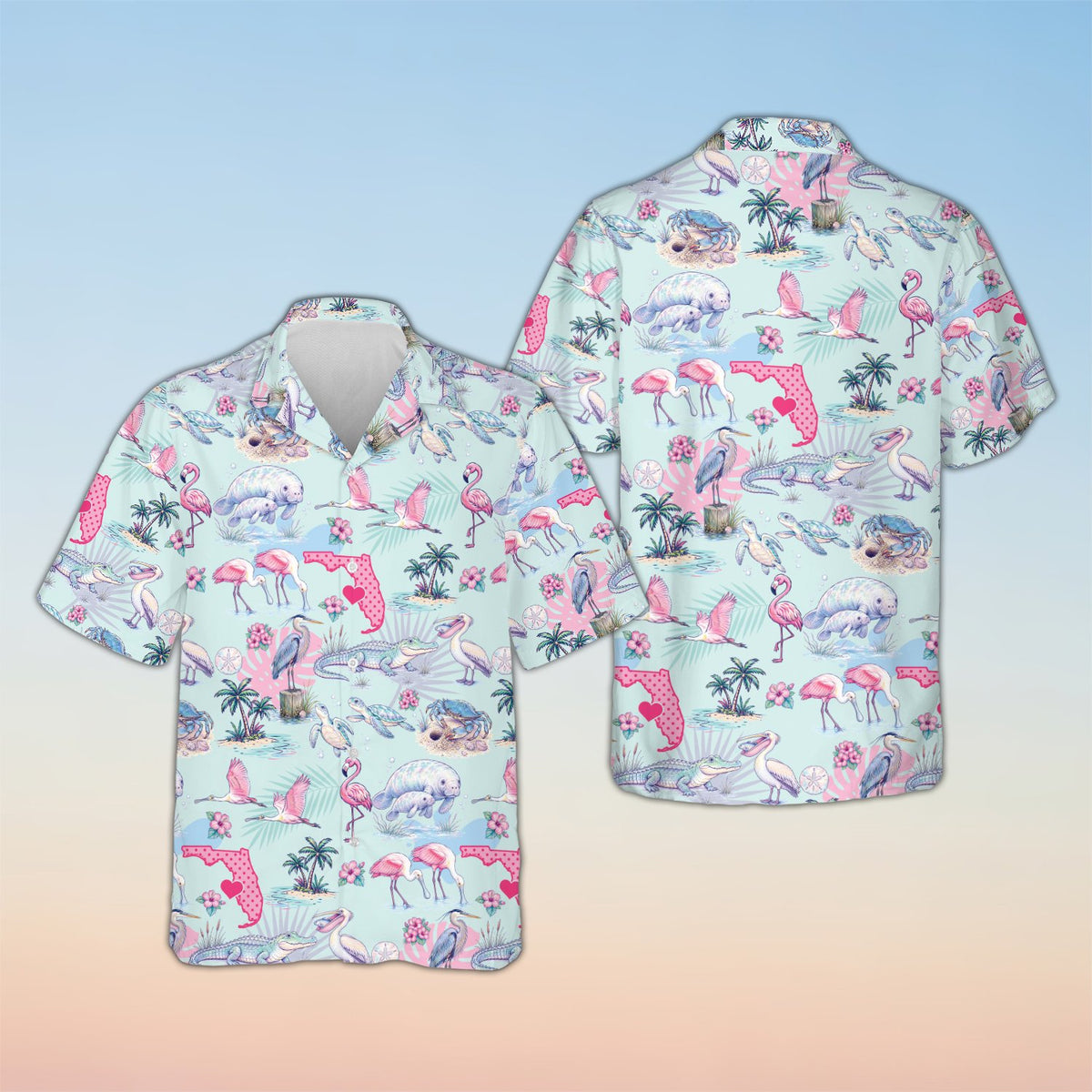Tropical florida hawaiian shirt in teal, front view