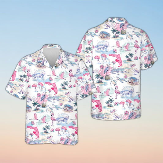 Tropical florida hawaiian shirt in white with flamingo and manatee pattern, front view