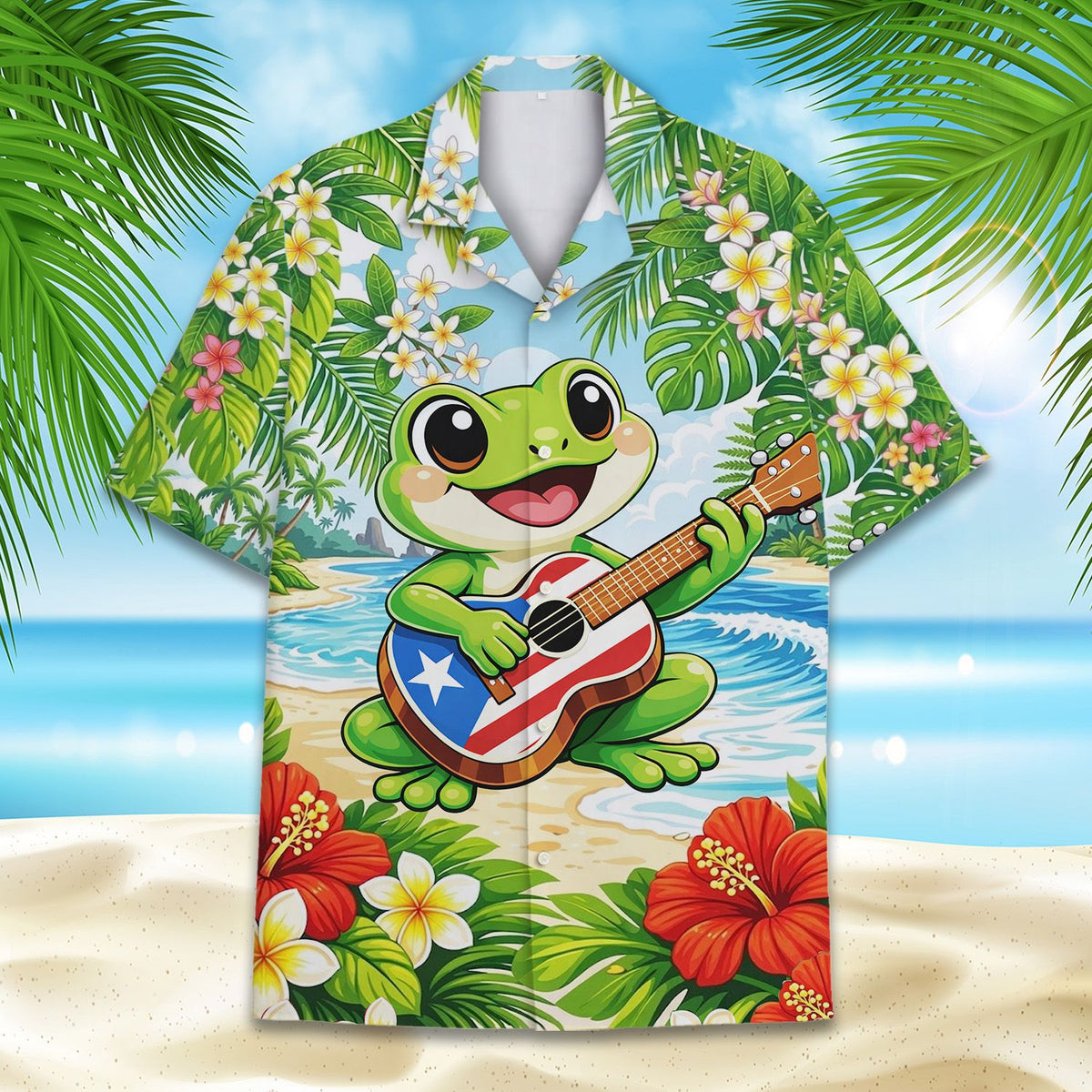 Detailed front view showing the frog playing guitar and hibiscus flowers