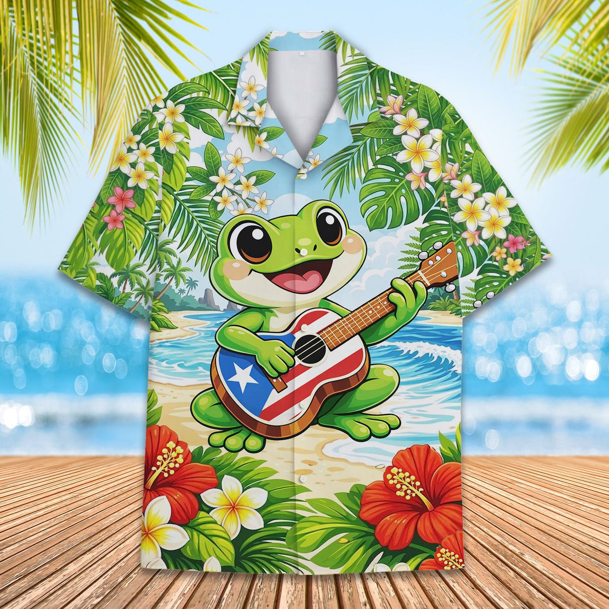 Front view of the green tropical frog button-down shirt