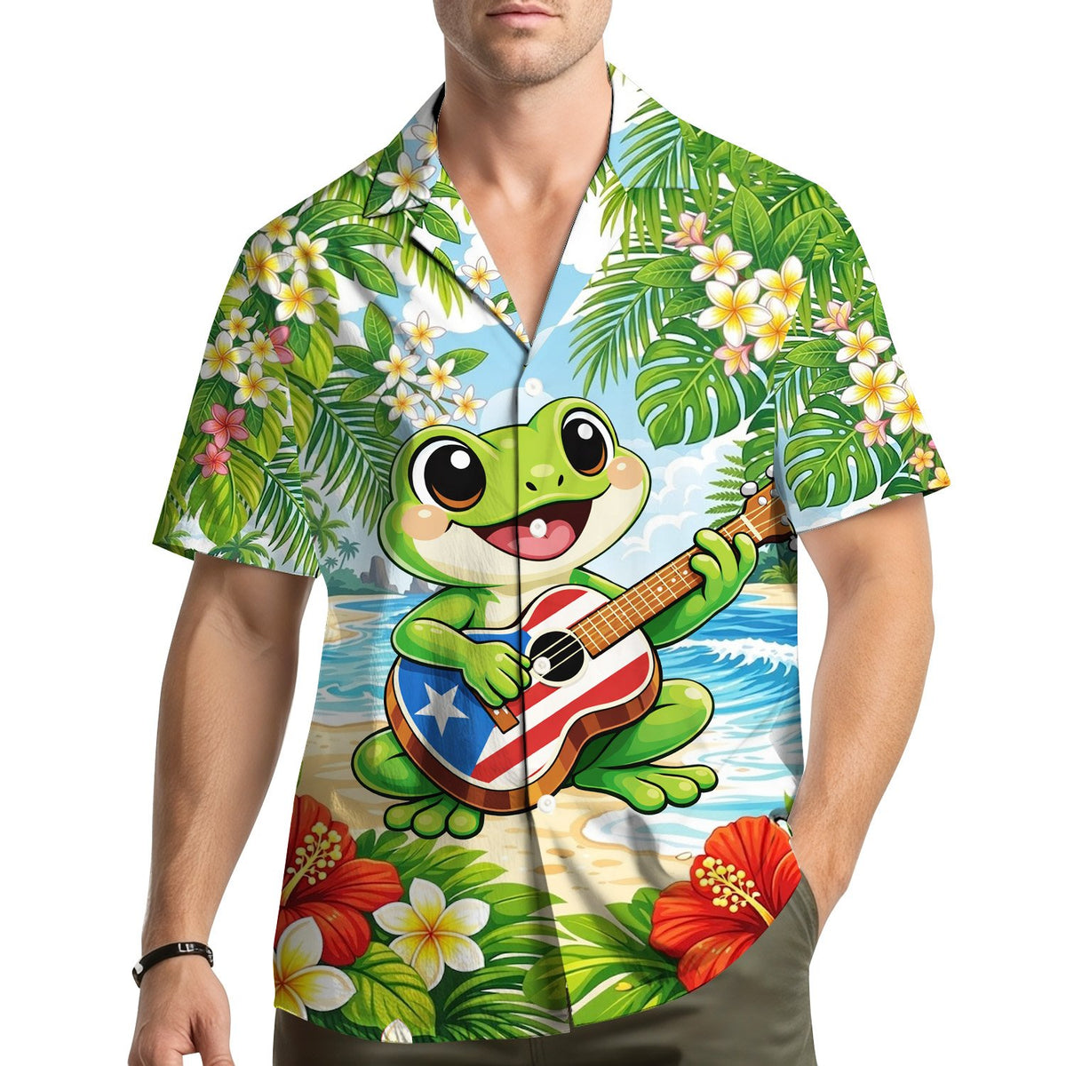 Lifestyle view of someone wearing the tropical frog hawaiian shirt at the beach