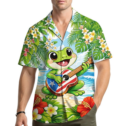 Lifestyle view of someone wearing the tropical frog hawaiian shirt at the beach