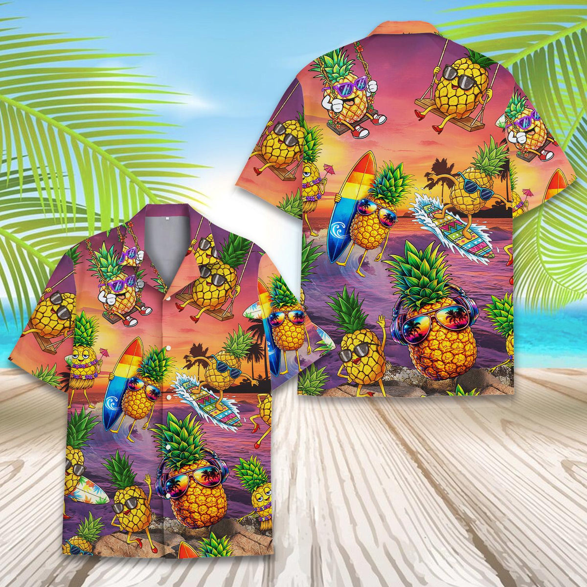Another front view of the orange and purple hawaiian shirt