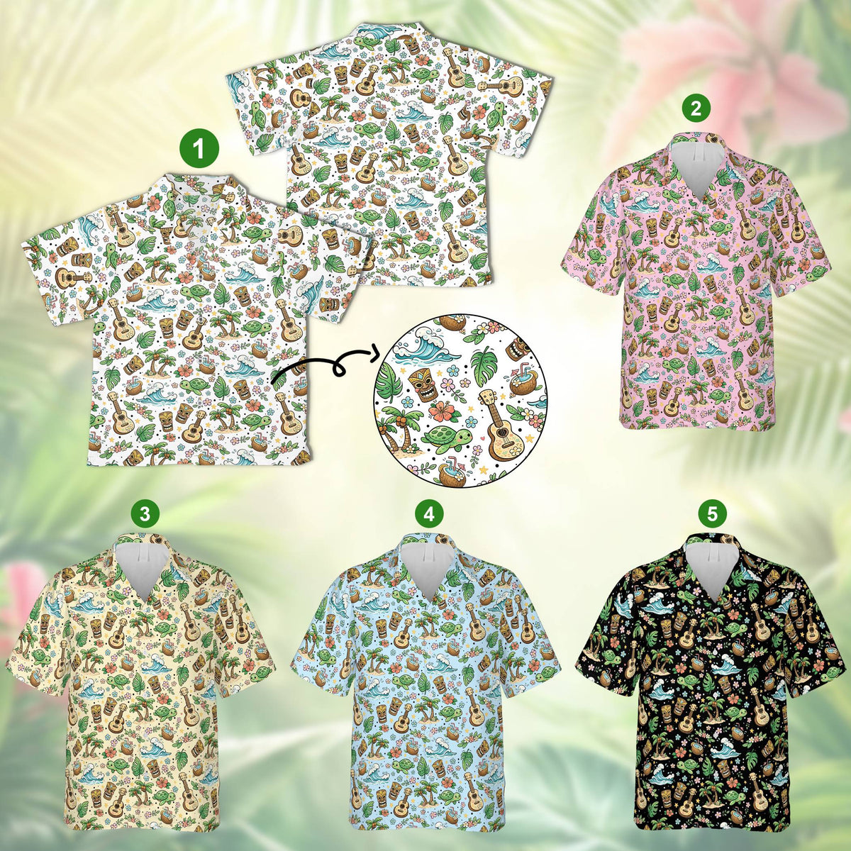 Tropical hawaiian shirt front view featuring ocean waves and palm trees