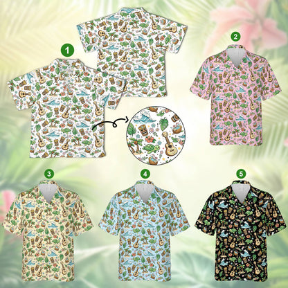 Tropical hawaiian shirt front view featuring ocean waves and palm trees