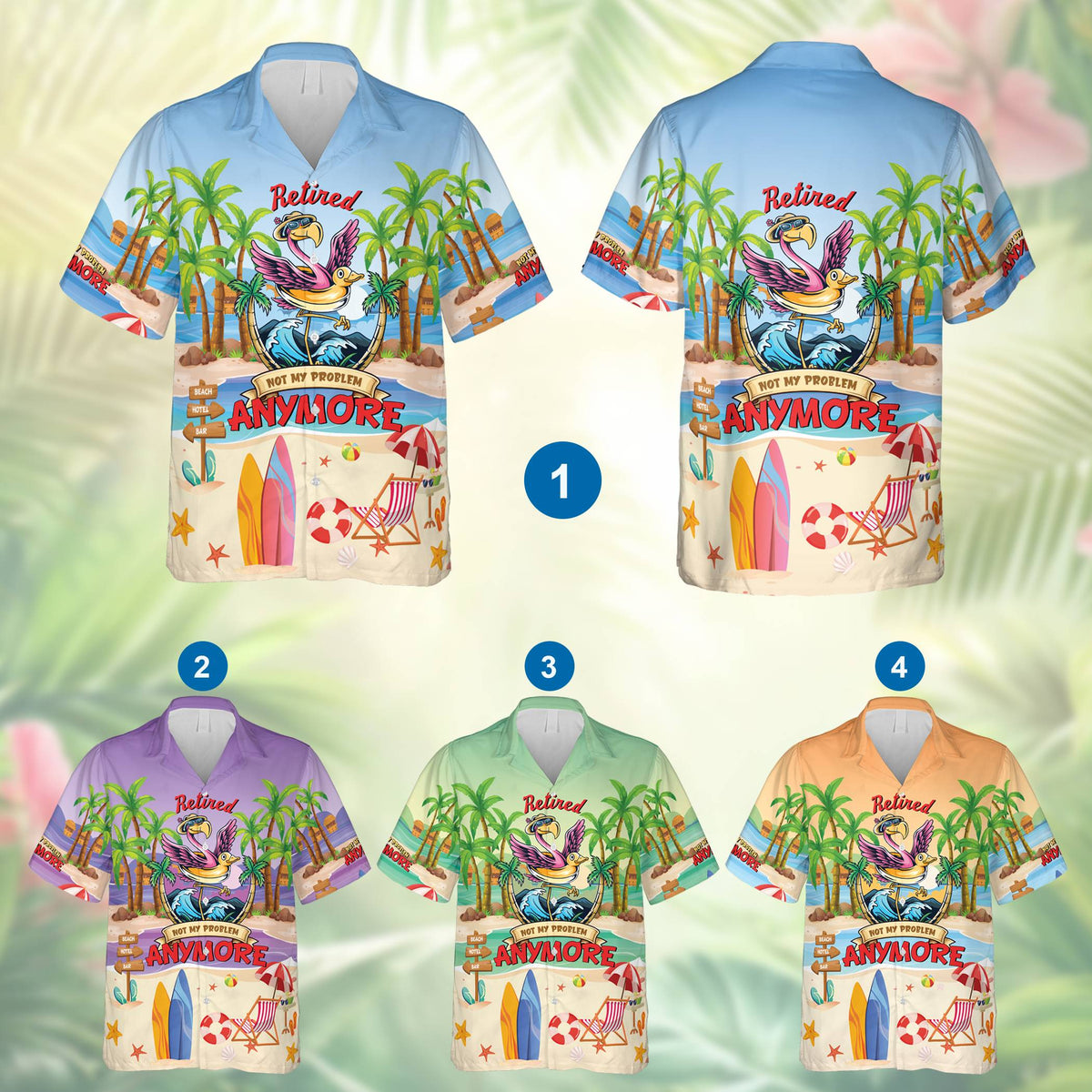 Tropical hawaiian shirt with flamingo and beach scene, front view