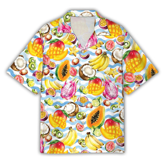 Tropical fruits hawaiian shirt featuring mangoes and papayas, front view