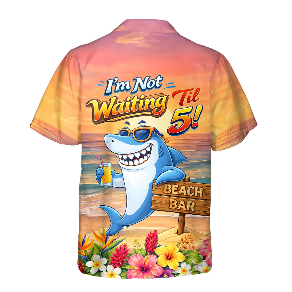 Back view of the tropical funny Hawaiian shirt highlighting the bright orange and pink sunset print