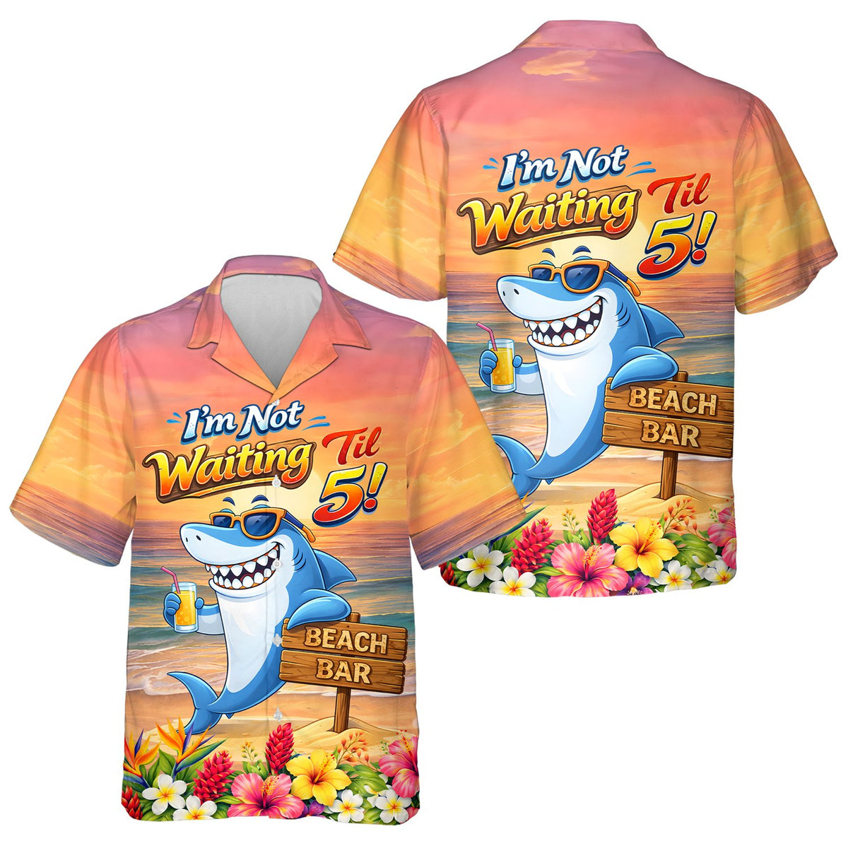 Front view of a tropical funny Hawaiian shirt featuring a vibrant sunset beach scene and a cartoon shark