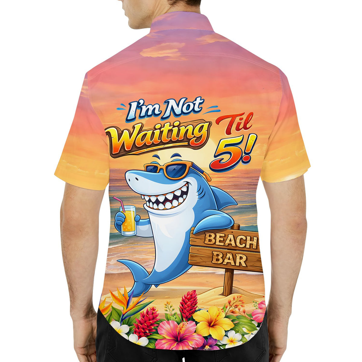 Lifestyle view highlighting the vibrant colors and relaxed fit of the sunset beach Hawaiian shirt