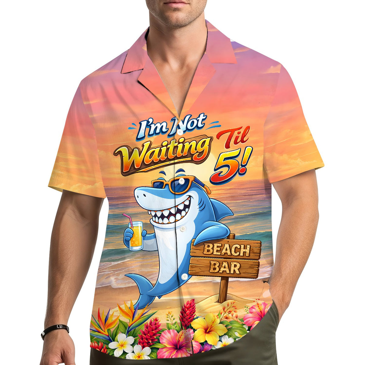 Lifestyle view of a person wearing the matching family Hawaiian shirt outdoors