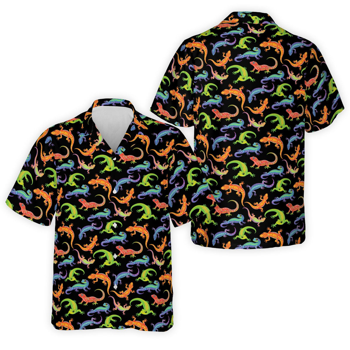 Family wearing matching tropical gecko hawaiian shirts in black base color