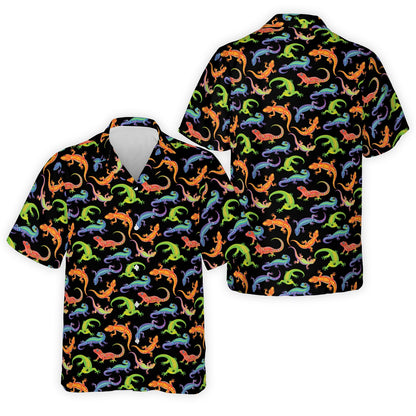 Family wearing matching tropical gecko hawaiian shirts in black base color