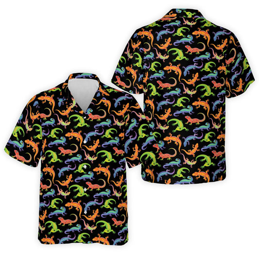 Family wearing matching tropical gecko hawaiian shirts in black base color