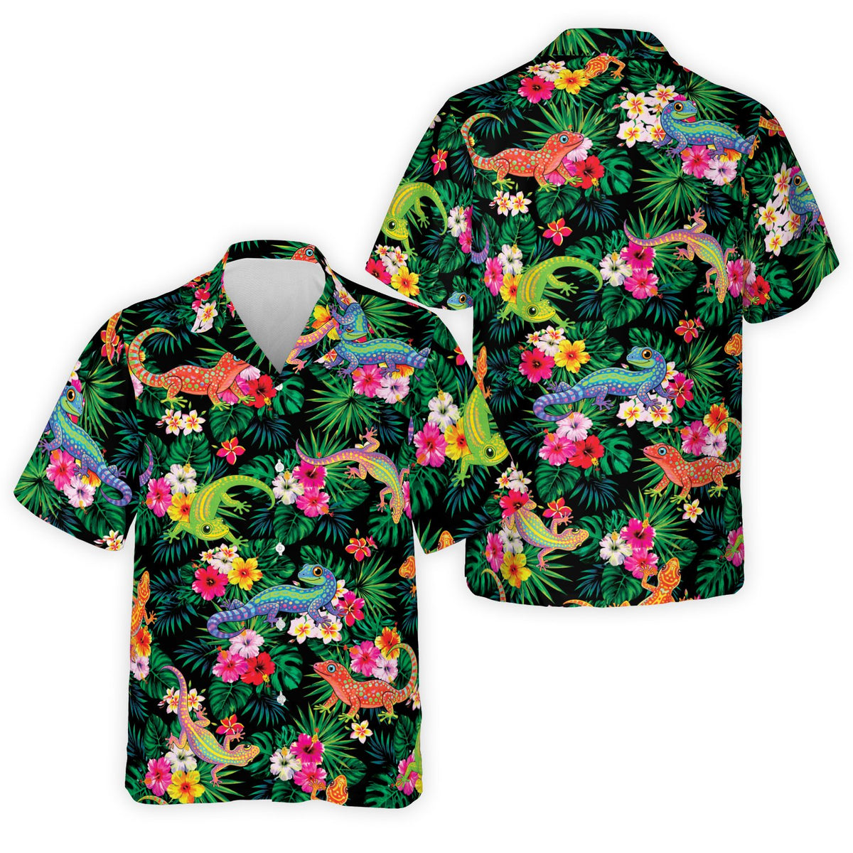 Close up front view of black tropical gecko hawaiian shirt