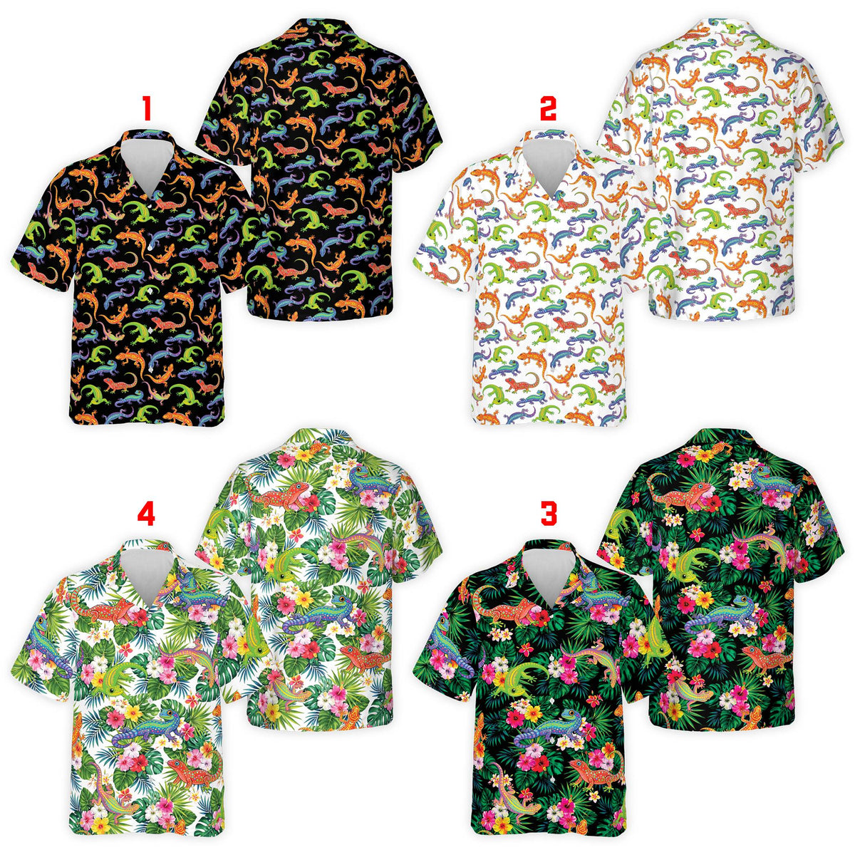 Front view of black tropical gecko hawaiian shirt