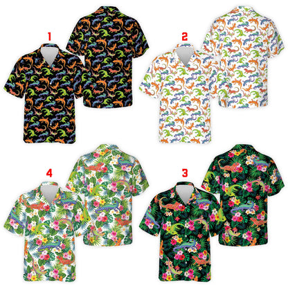 Front view of black tropical gecko hawaiian shirt