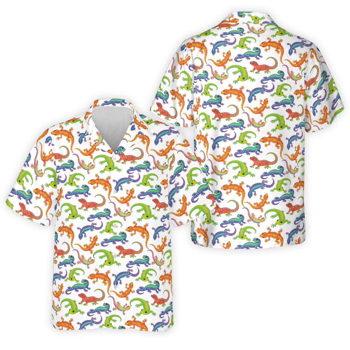 Front view of white tropical gecko hawaiian shirt