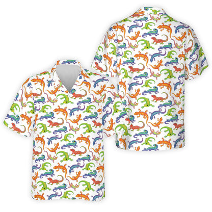 Front view of white tropical gecko hawaiian shirt