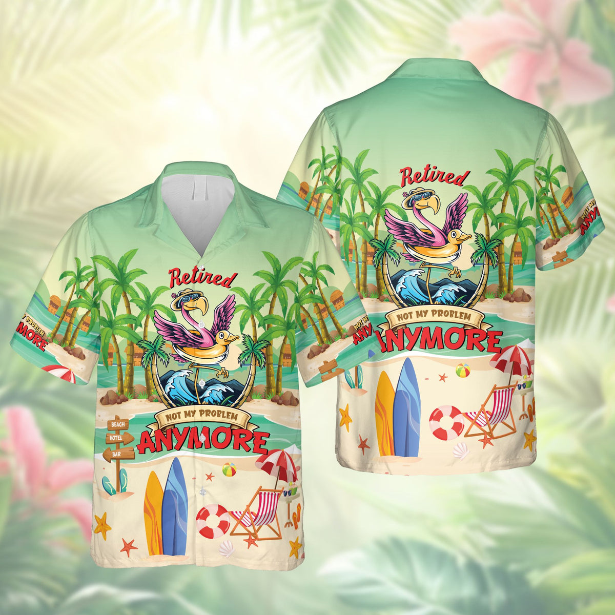 Green matching family hawaiian shirt with retired flamingo design, front view