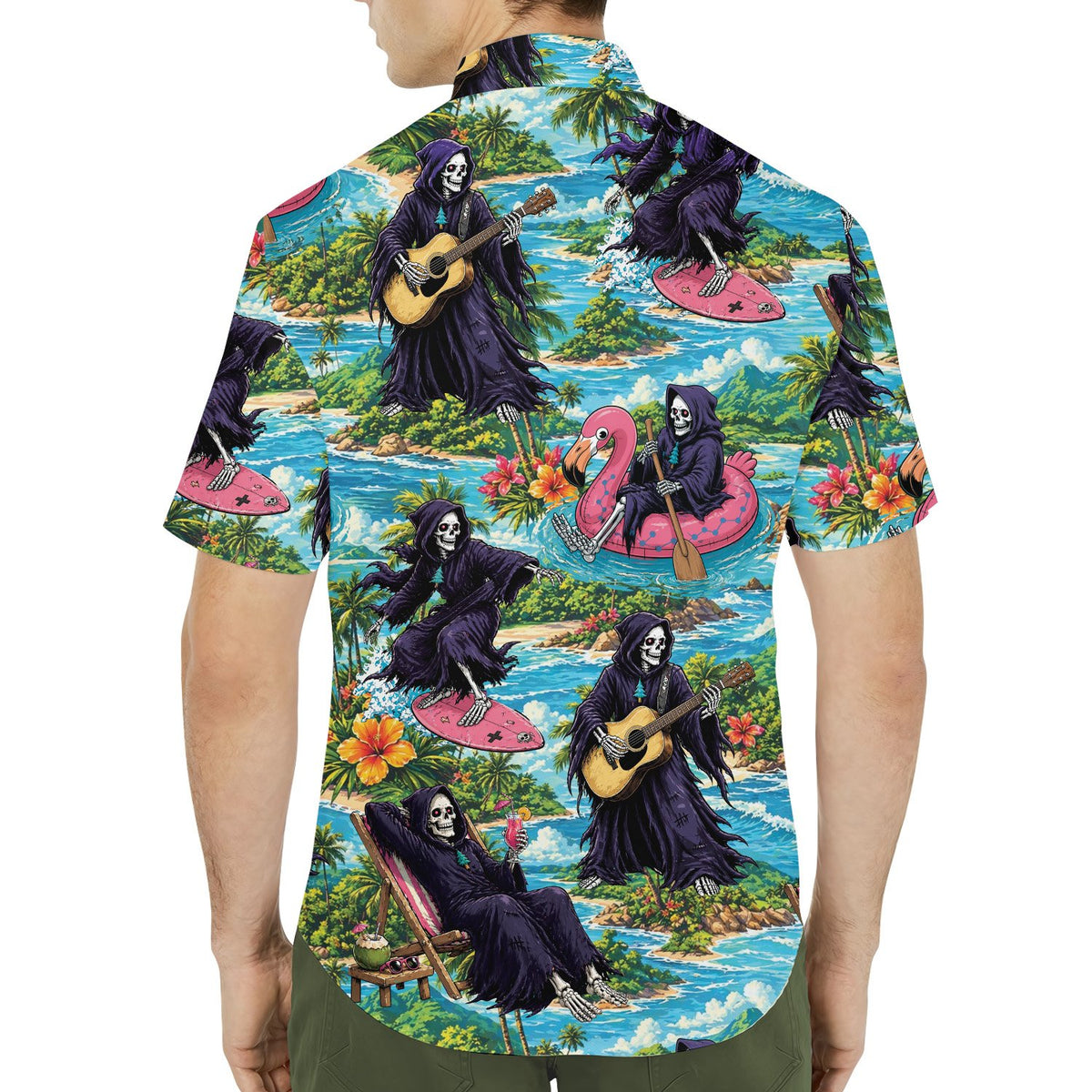 Alternative back view of the tropical grim reaper hawaiian shirt