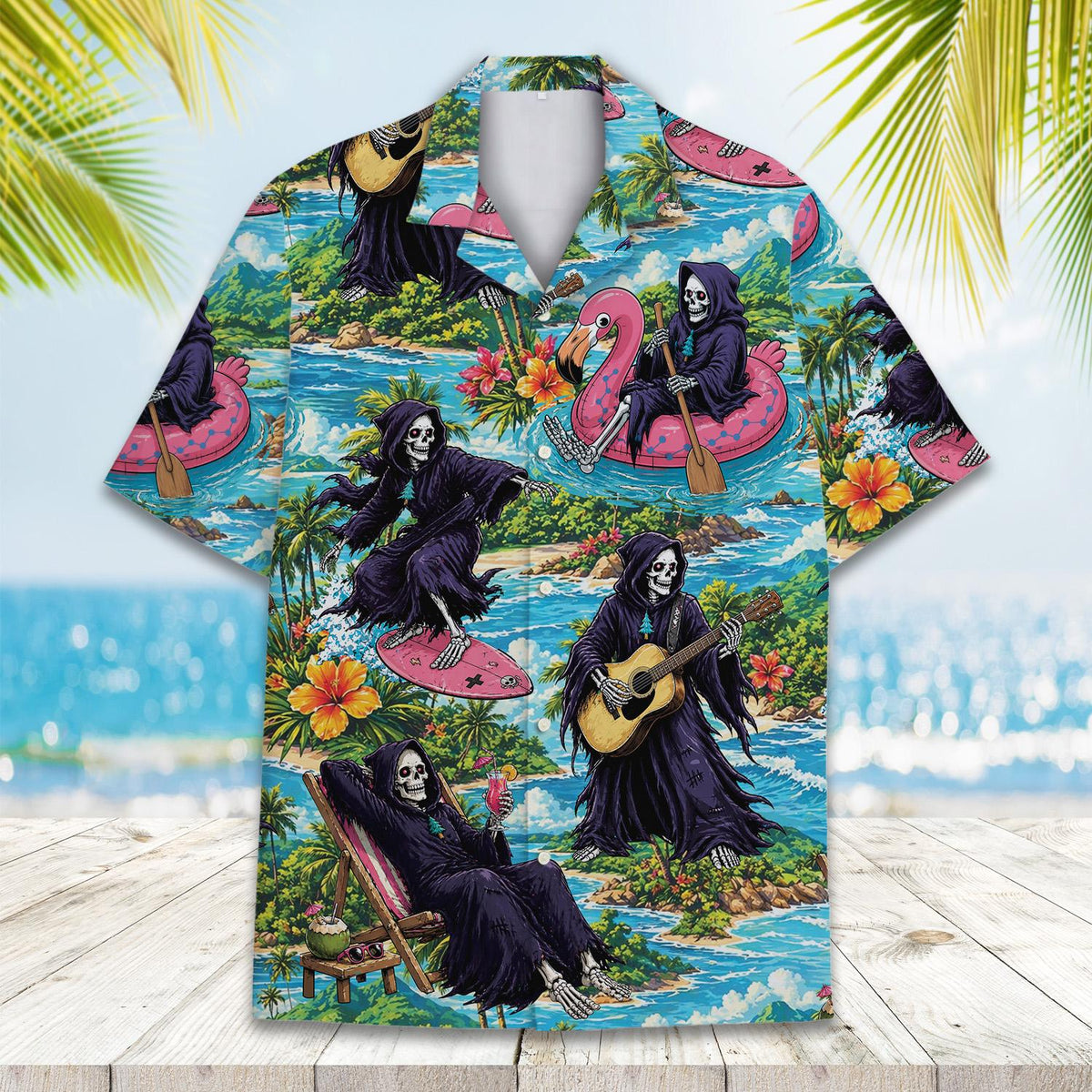 Another front view showcasing the grim reaper all-over print