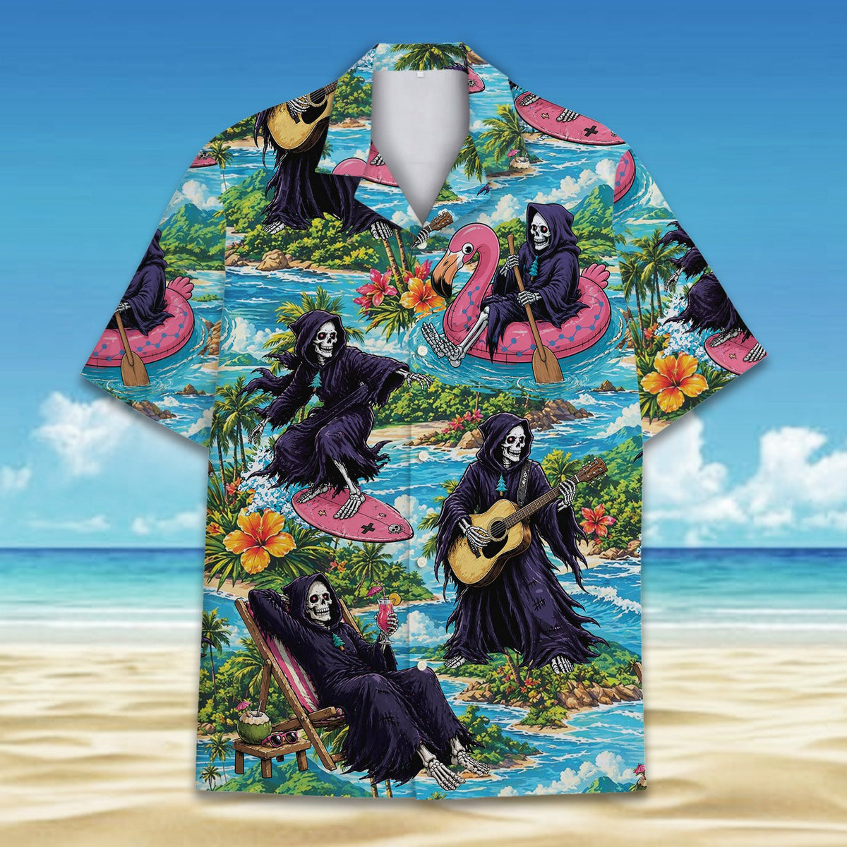 Front view of the hawaiian shirt featuring surfing reapers