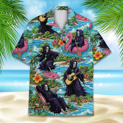 Main view of the grim hawaiian shirt with a tropical grim reaper design