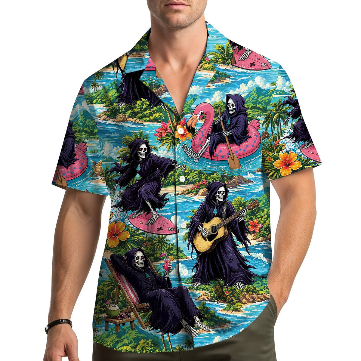 Lifestyle view of an adult wearing the grim hawaiian shirt