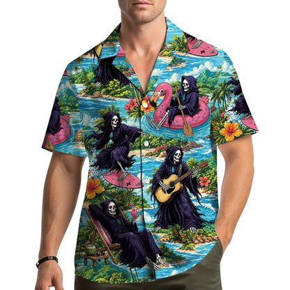 Lifestyle view of an adult wearing the grim hawaiian shirt