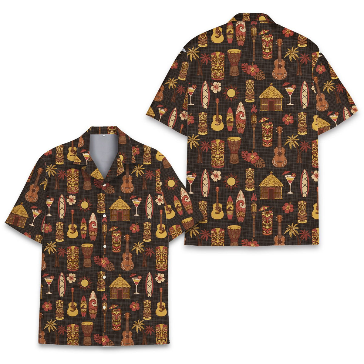 Front view of matching family hawaiian shirts in brown tropical pattern