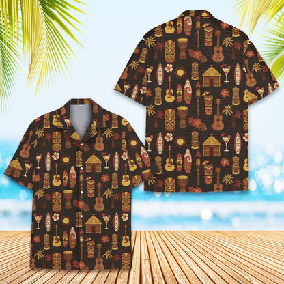 Another front view of brown tiki mask hawaiian shirt
