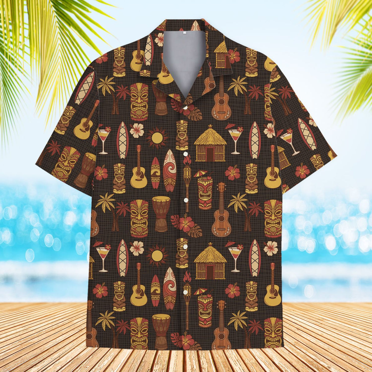 Main view of brown tropical hawaiian hawaiian shirt with tiki mask pattern