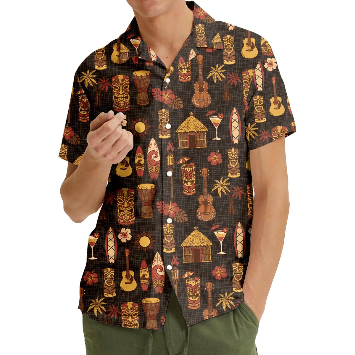 Third lifestyle view of adult wearing brown tiki hawaiian shirt