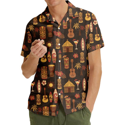 Third lifestyle view of adult wearing brown tiki hawaiian shirt