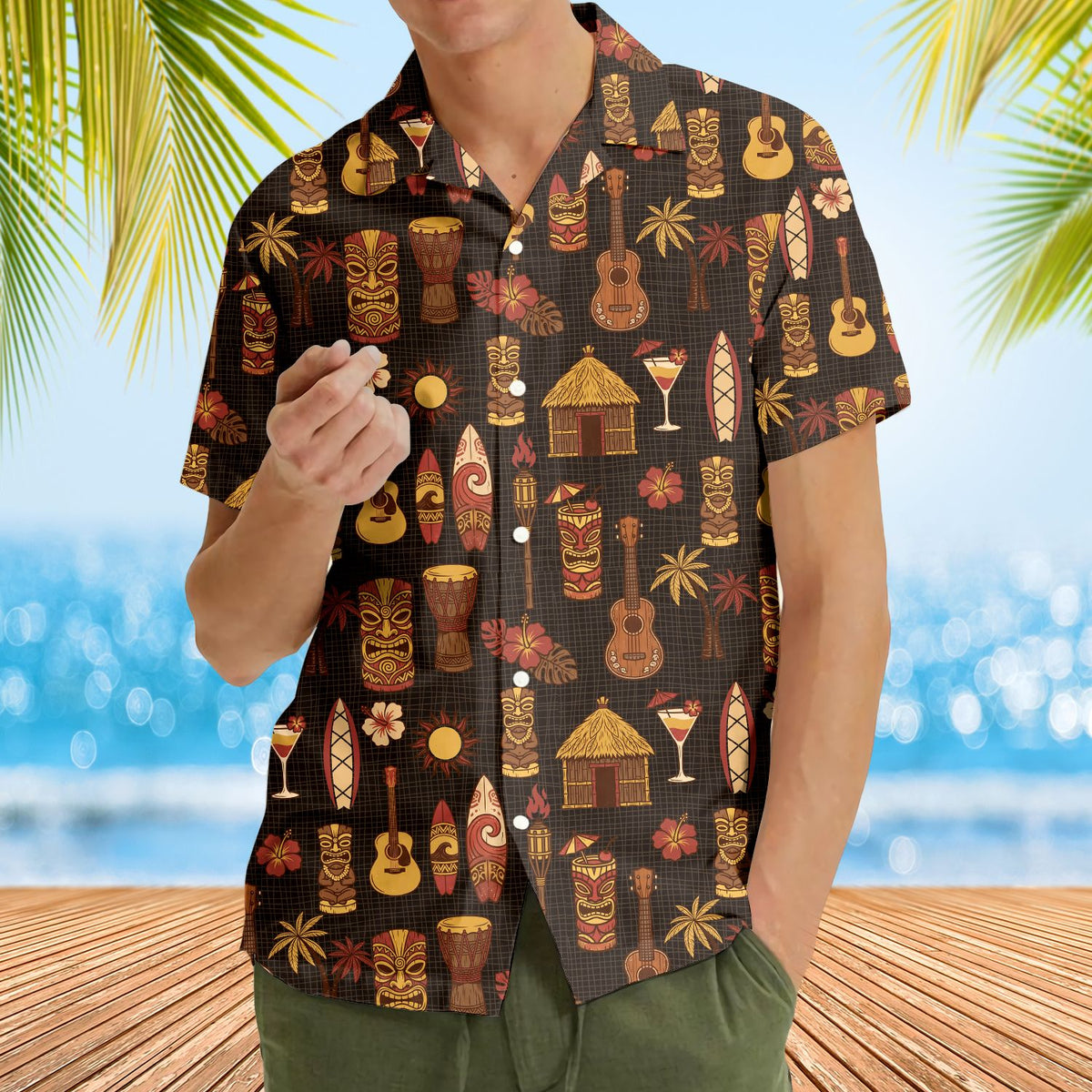 Fourth lifestyle view showing brown tropical hawaiian shirt