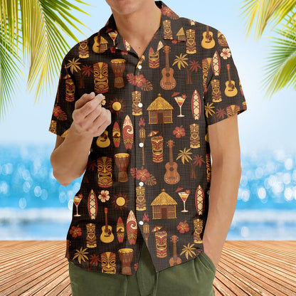Fourth lifestyle view showing brown tropical hawaiian shirt