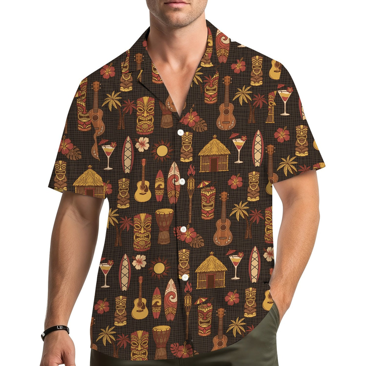 Lifestyle view of person wearing brown tropical hawaiian shirt
