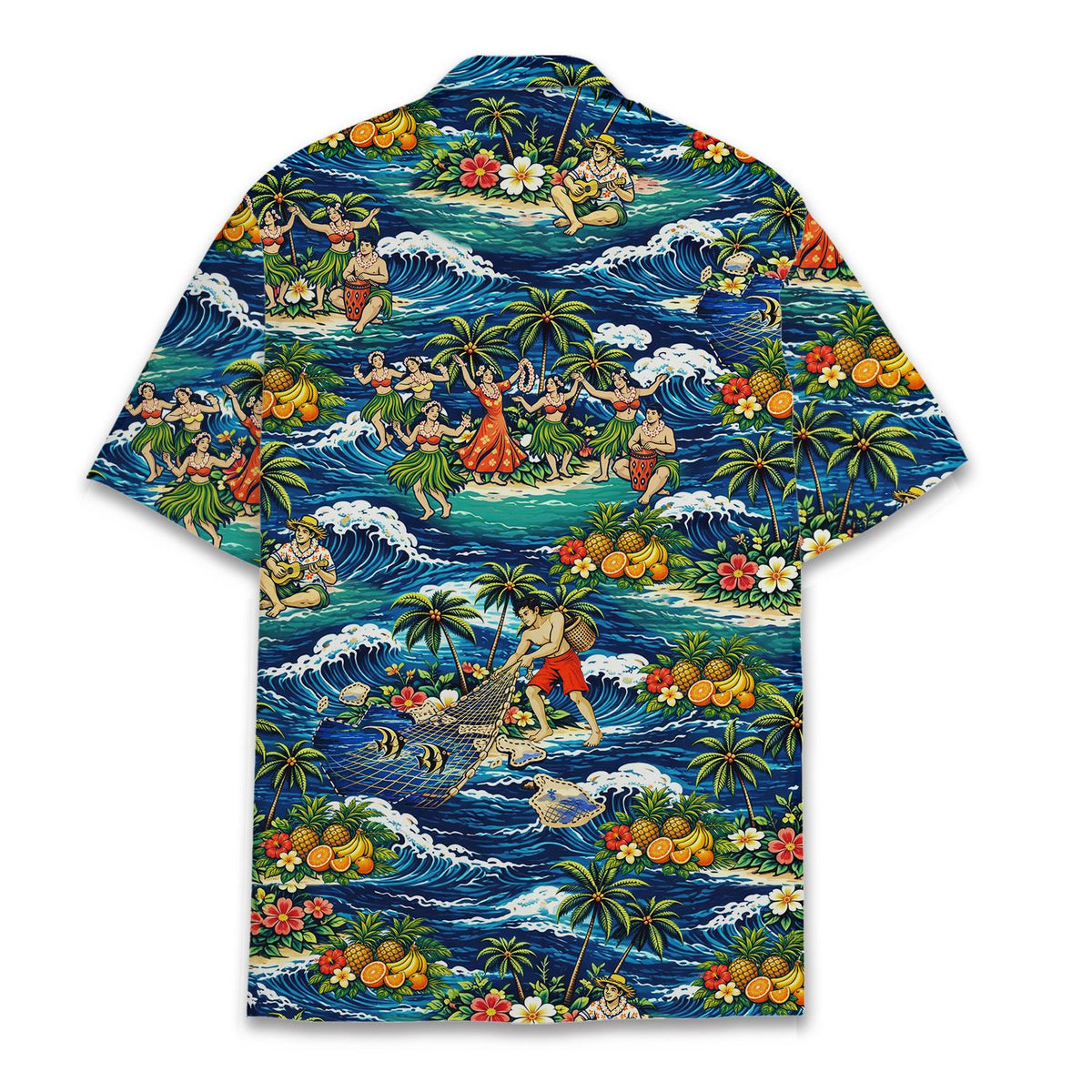 Tropical Hawaiian hawaiian shirt back view with palm trees and flowers