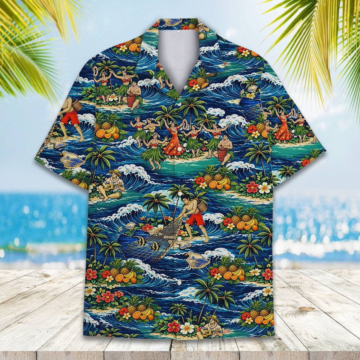 Tropical Hawaiian hawaiian shirt front view showing colorful island print