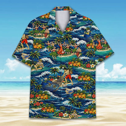 Tropical Hawaiian hawaiian shirt matching family style on navy background, main view
