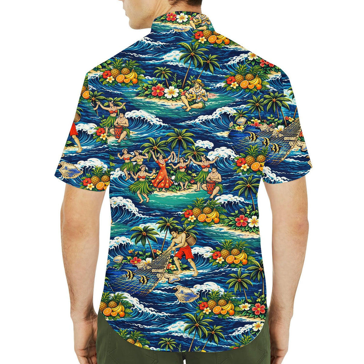 Second lifestyle view of family wearing matching family hawaiian shirts