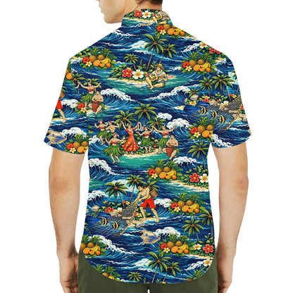 Second lifestyle view of family wearing matching family hawaiian shirts