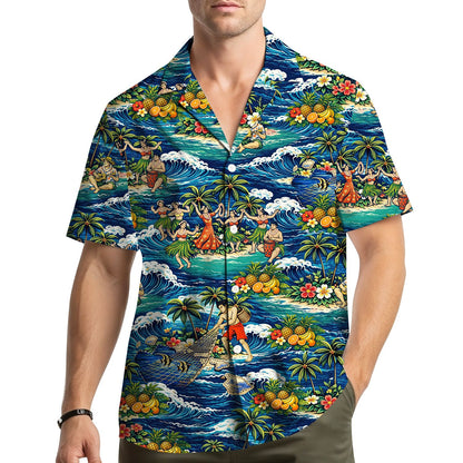 Lifestyle view of family wearing matching family hawaiian shirts