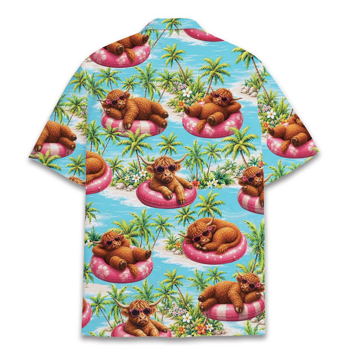 Back view of the tropical highland cow hawaiian shirt