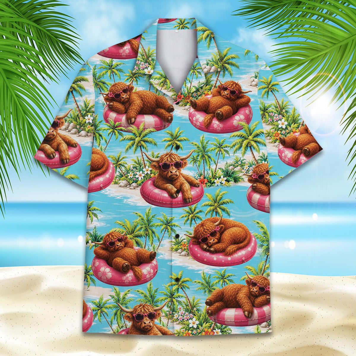 Second front view showing the tropical beach and highland cow design