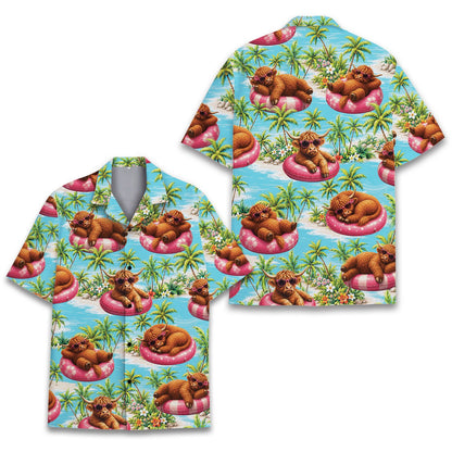 Fourth front view of the tropical highland cow hawaiian shirt