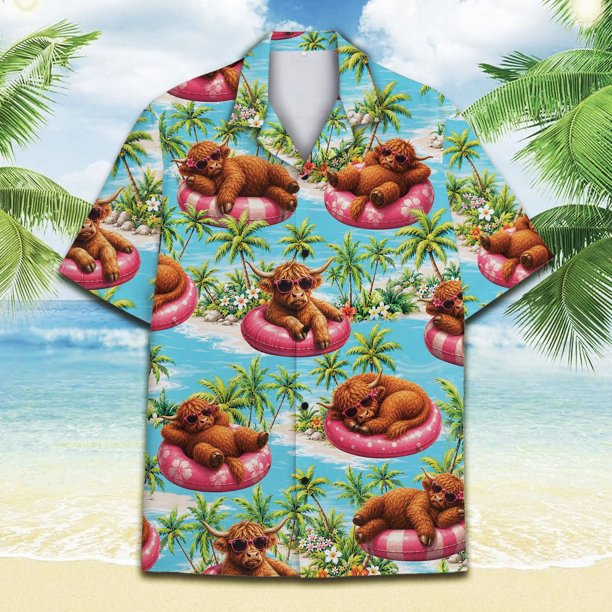 Main view of the tropical highland cow hawaiian shirt featuring cows on floats